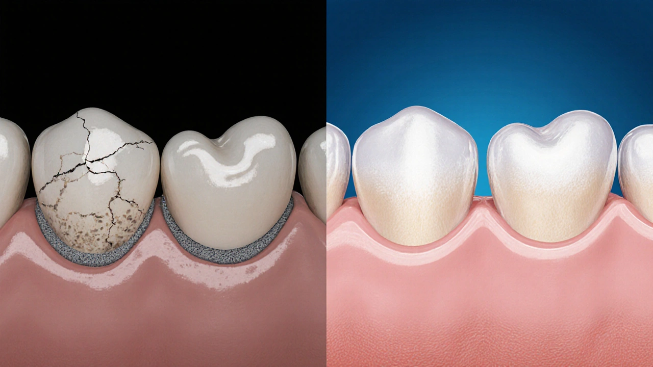 Side-by-side comparison of a cracked cheap crown with plaque and a flawless zirconia-ceramic crown with natural appearance.