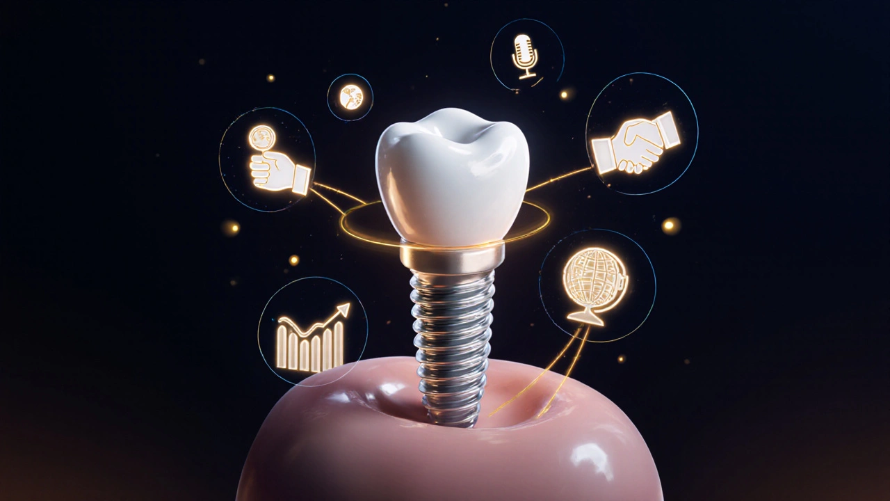 Titanový implantát s korunkou spojený s ikonami úspěchu: ruka, graf, mikrofon a globus v abstraktním designu.