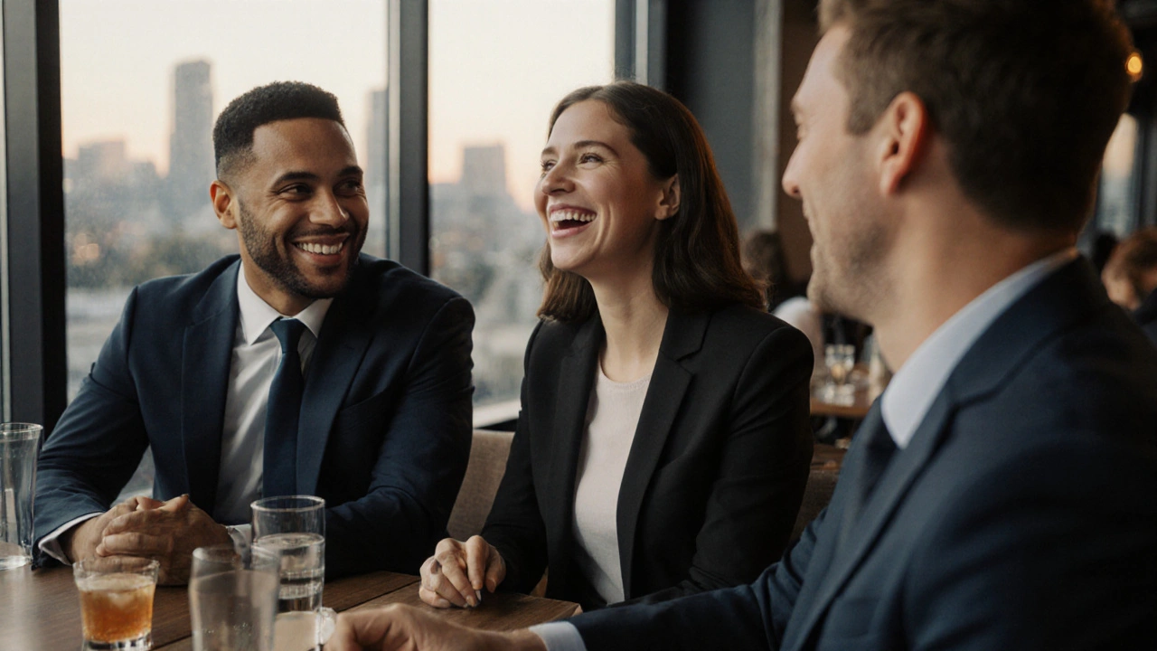 Tři dospělí lidé v profesionálním prostředí se smějí, všichni s téměř neviditelnými keramickými rovnátky.