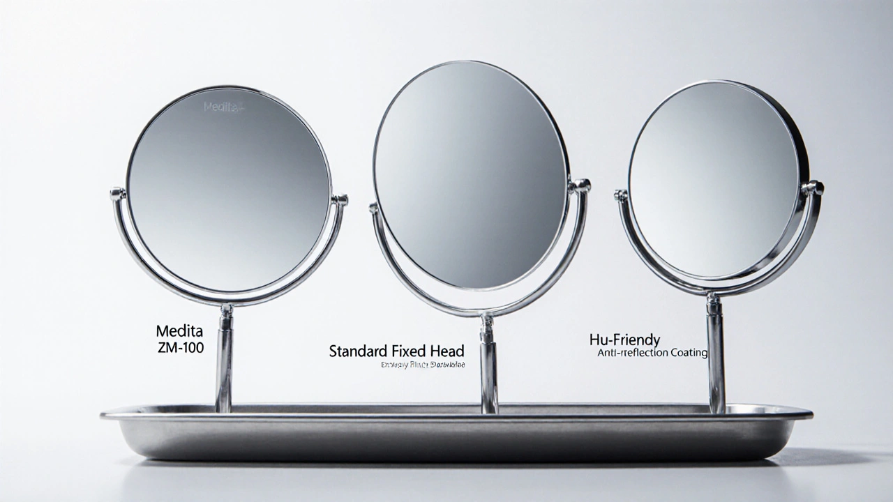 Tři typy dentálních zrcátek s různými hlavami a povrchy na sterilním podložce.