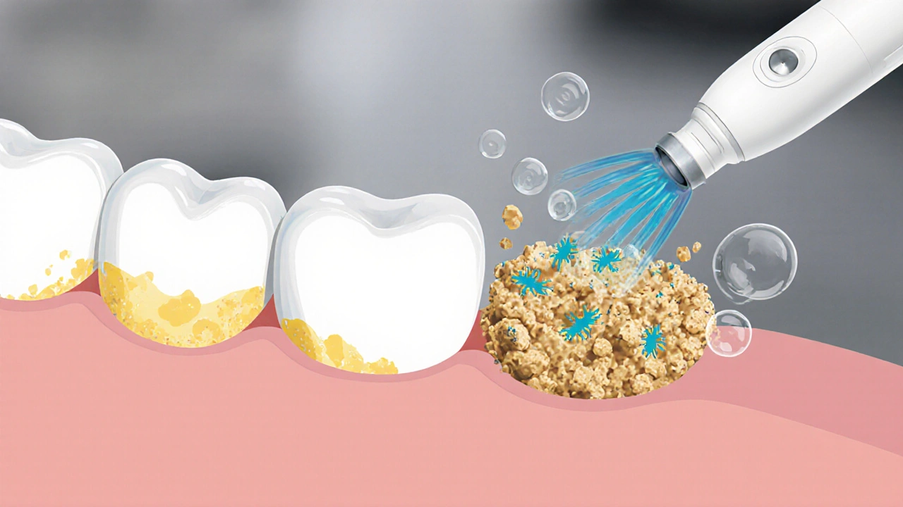 Vizualizace přeměny plaku na zubní kámen a jeho odstranění ultrazvukovými vlnami.