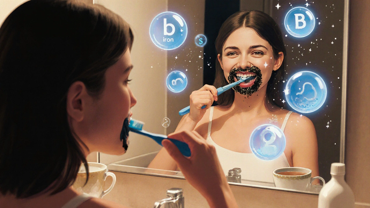 Žena se dívá do zrcadla, kde se na jejích zubech objevují černé nánosy z kovových iontů.