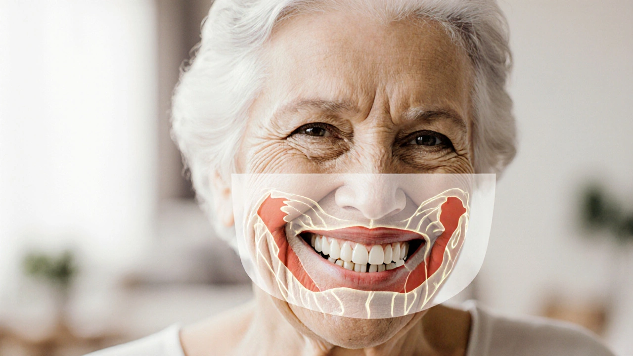 Žena v pokročilém věku se usmívá s přirozeně sedící zubní protézou.