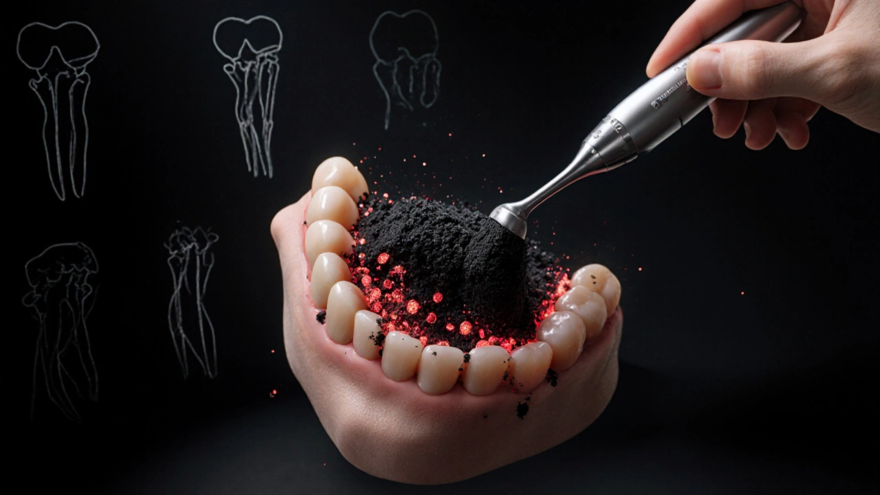 Zubní kost se rozpadá pod černým kamenem, zatímco lékař připravuje ultrazvukové očištění.