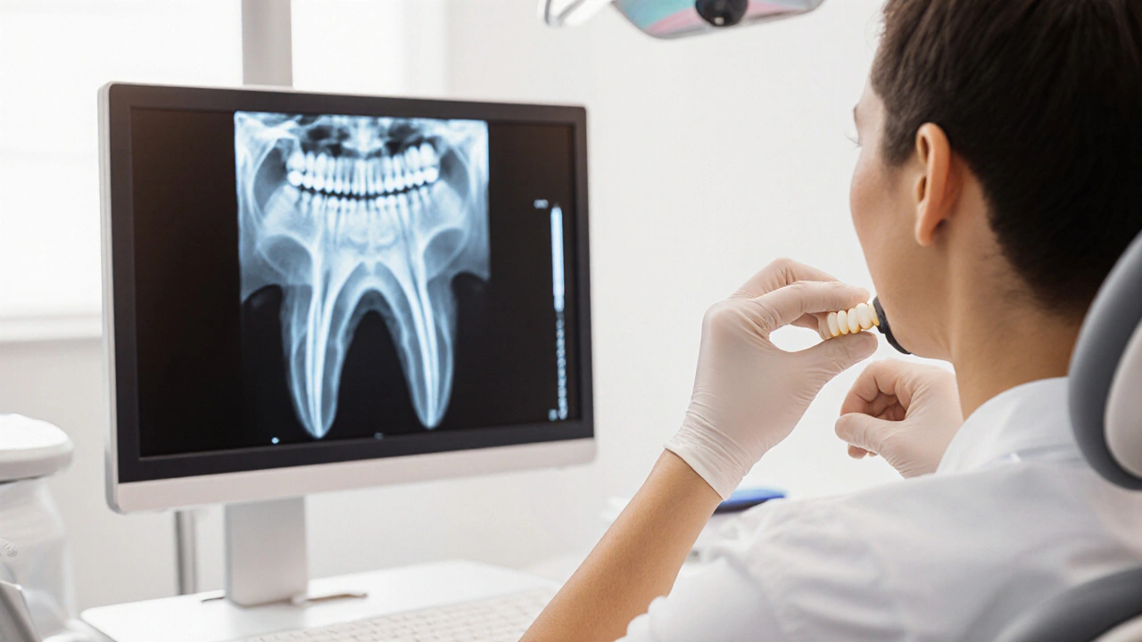 Zubní lékař aplikuje keramickou korunku na přední zub v klinice.