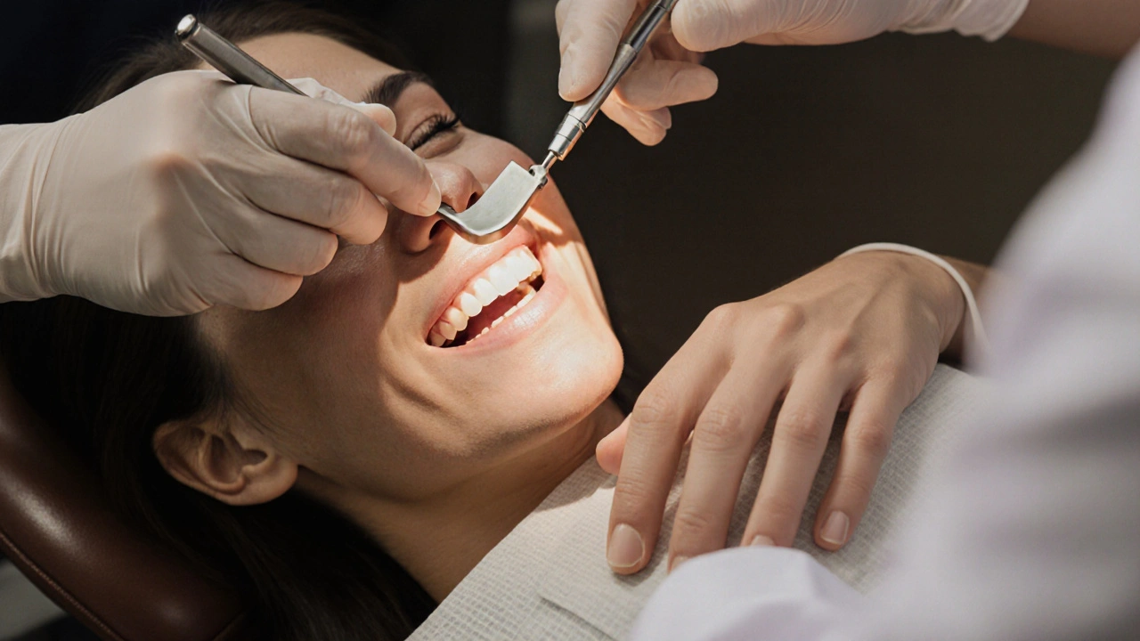 Zubní lékař připevňuje tenkou keramickou fazetu na zub s přesnými nástroji.