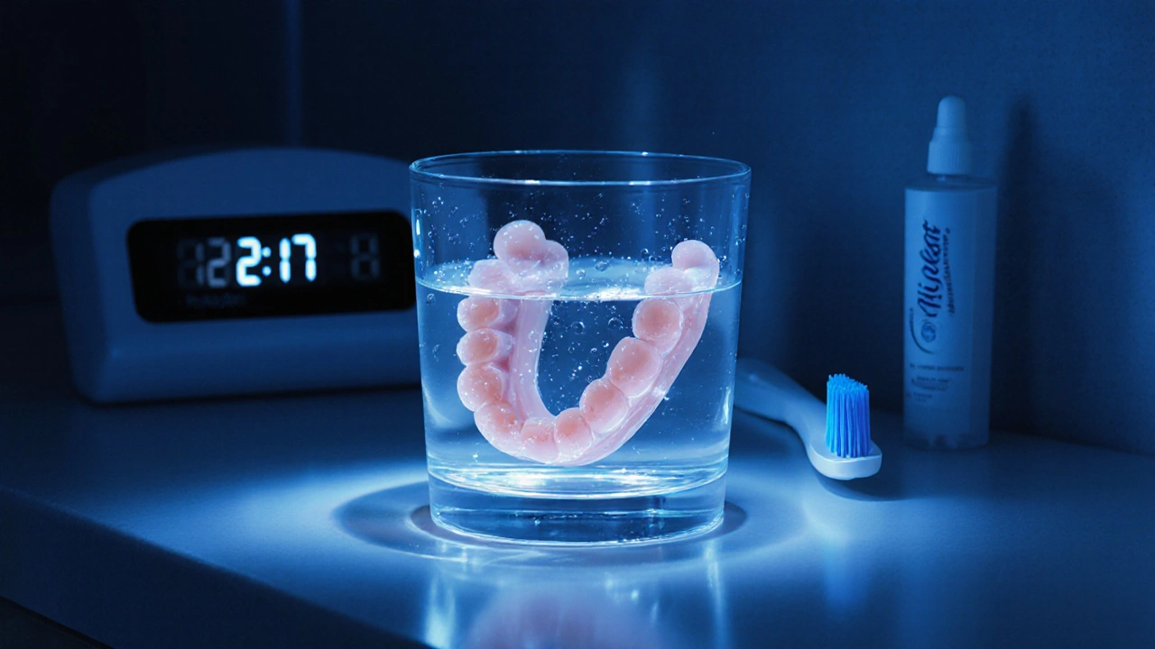 Zubní protéza ponořená ve vodě na noc v koupelně.