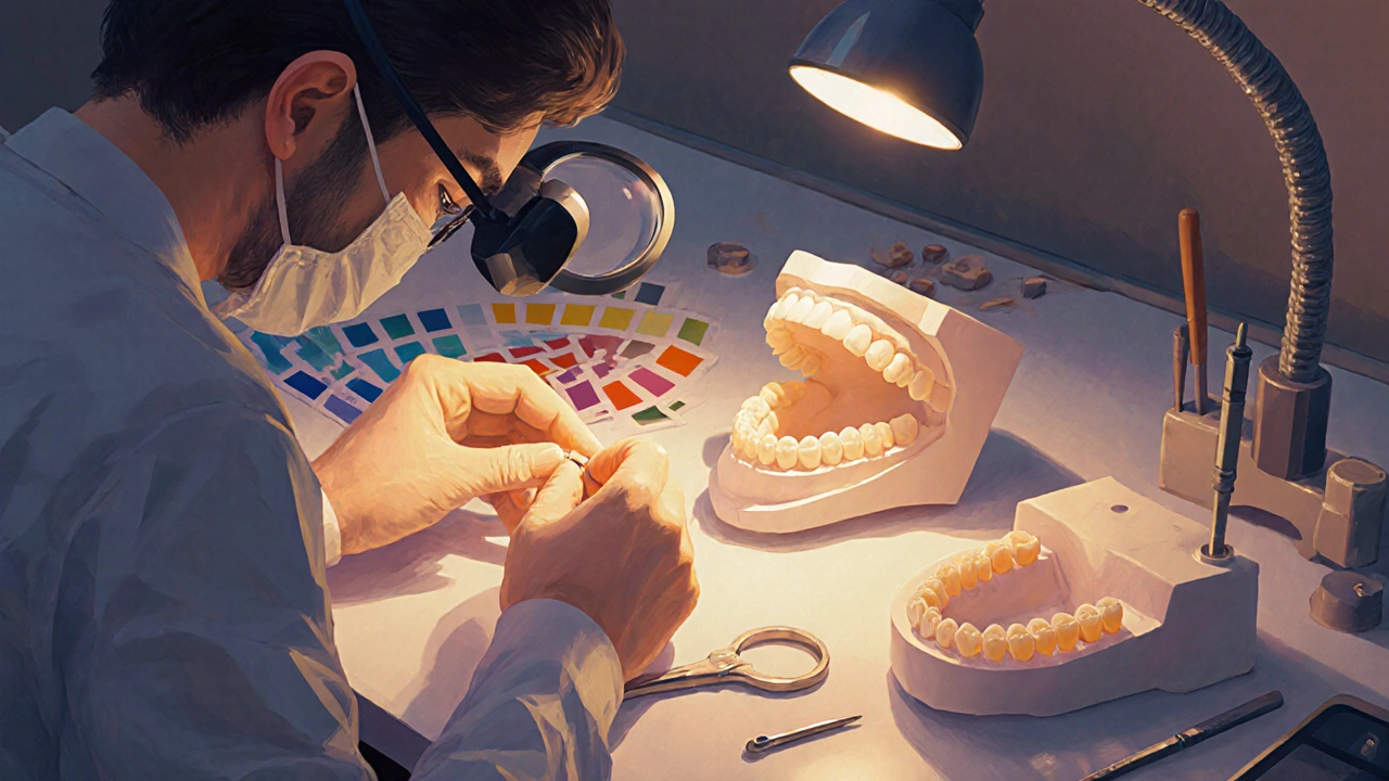 Zubní technik v laboratoři připevňuje umělé zuby do gipsového modelu čelisti.