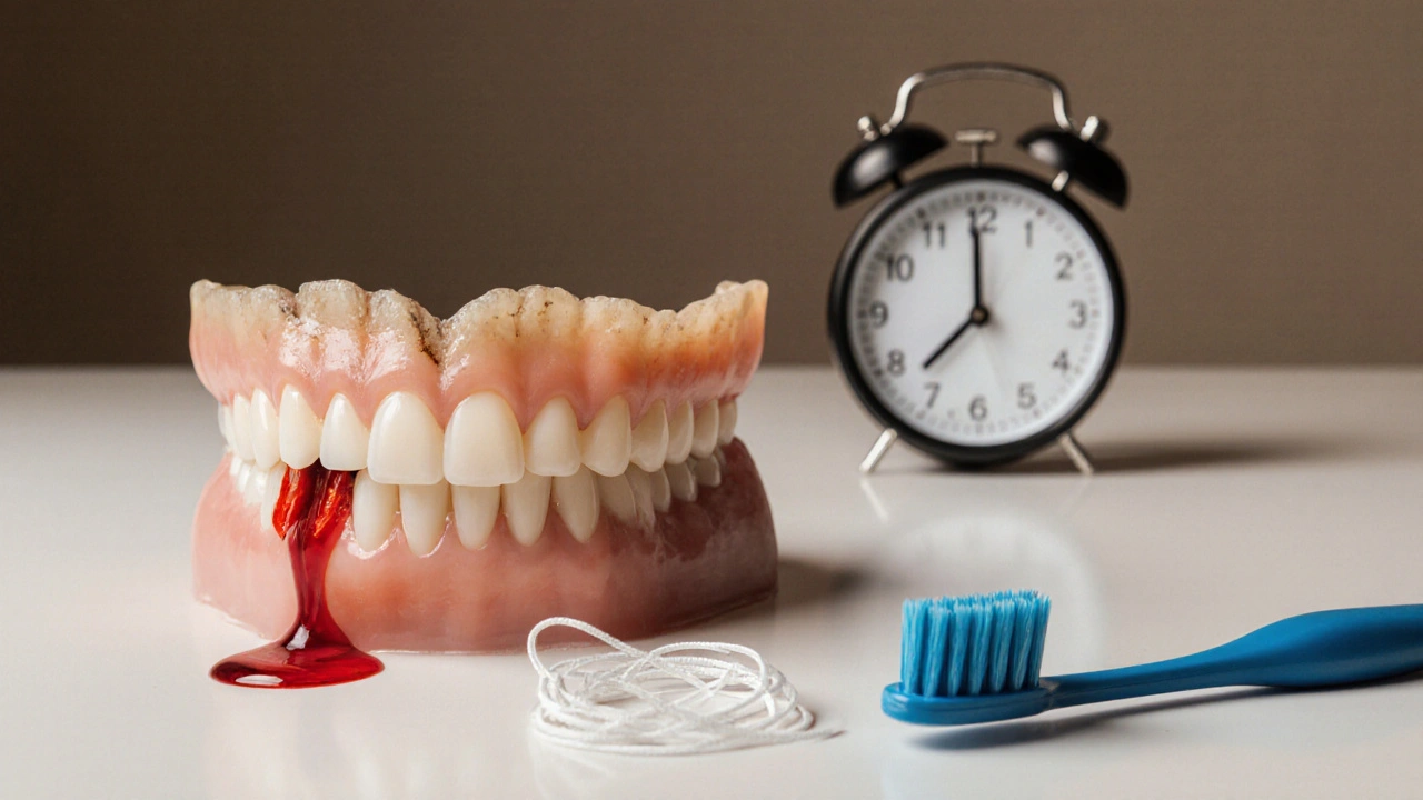 Zuby s odhalenými kořeny a zubní kartáček s nití na pozadí.