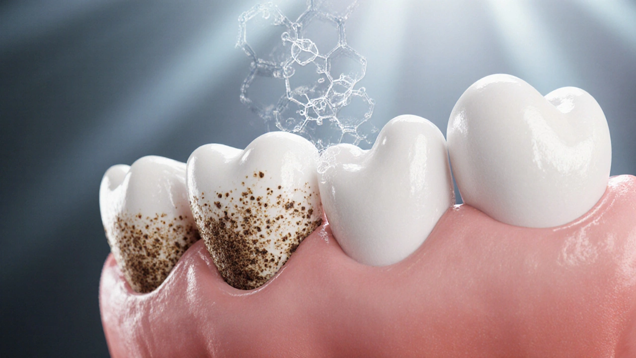 Zvětšený pohled na zubní sklovinu s rozkladem pigmentů bělící látkou.