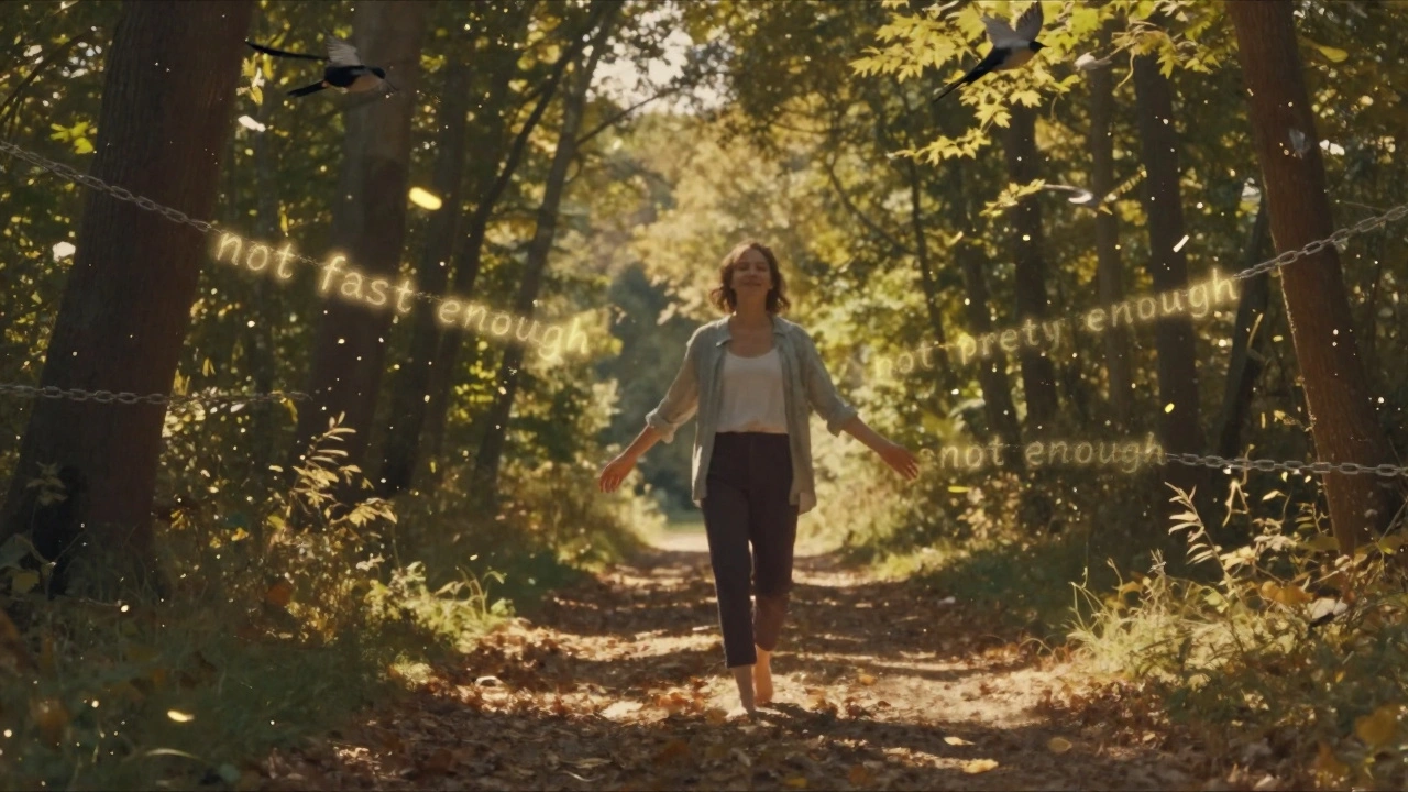 Člověk kráčí lesní cestou, neviditelné řetězy se rozpadají do jiskřiček ve zlatém světle.