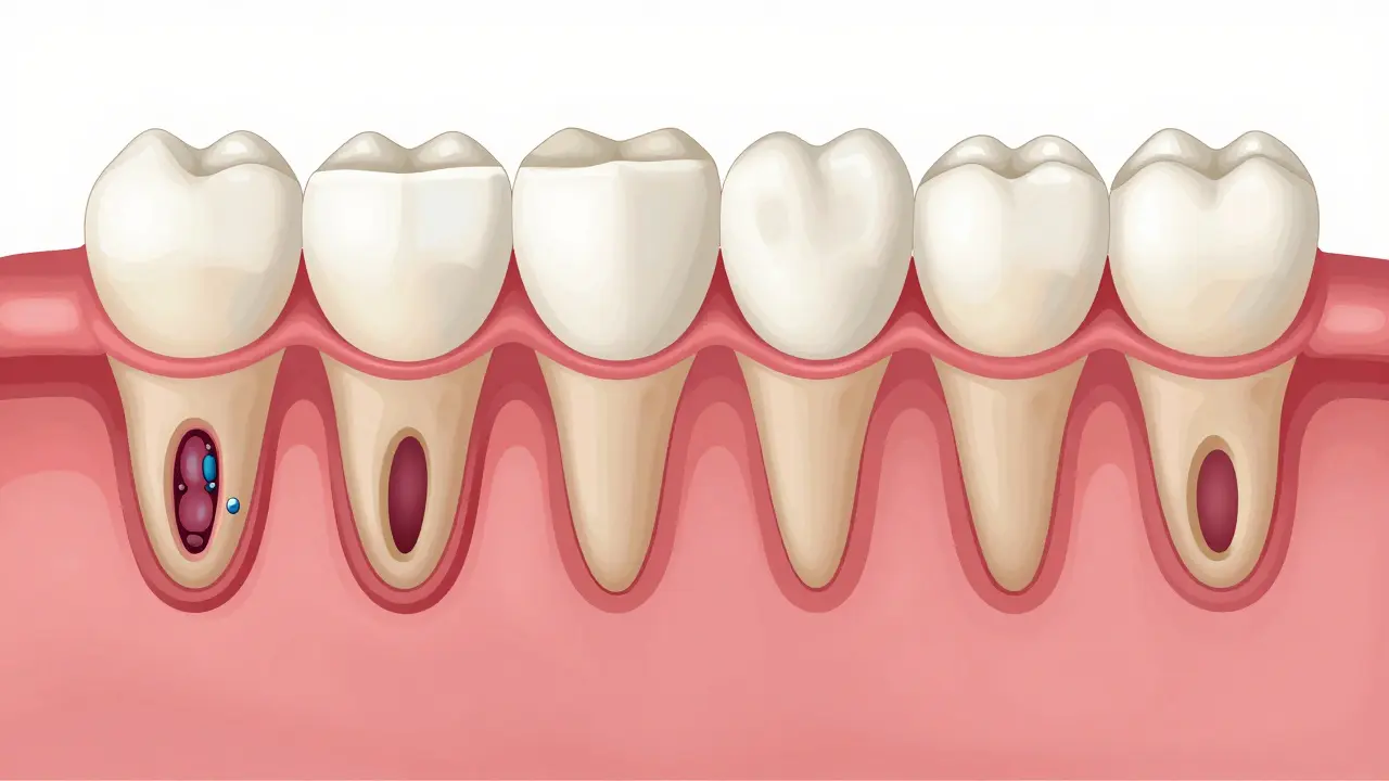 Cross-section comparison of inflamed gums with deep pockets versus healed gums after curettage.
