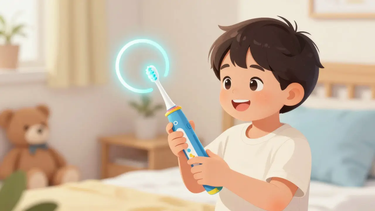 Dítě používá elektrický zubní kartáček s časovačem a barevnou hlavičkou.