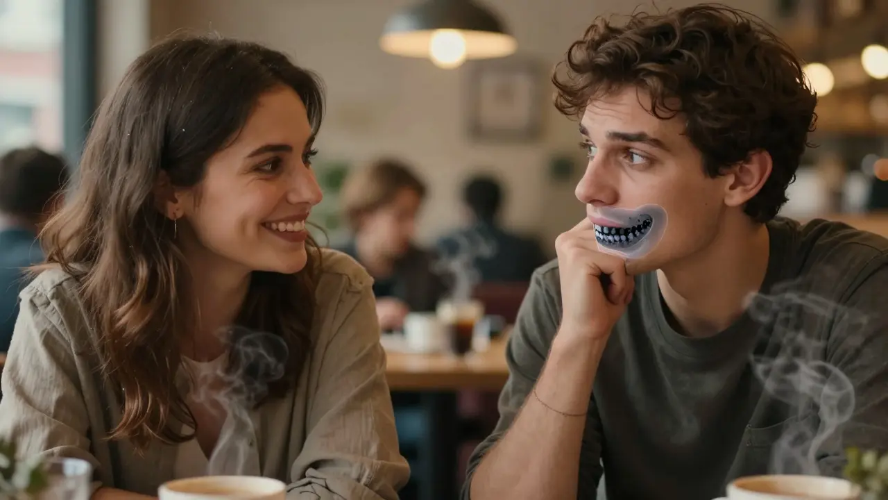 Dva lidé hovoří v kavárně, jeden se vyhýbá smíchu z důvodu zubního kamene.