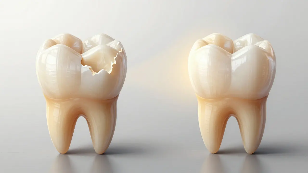 Dva modely zubů: špatný vlevo a přepracovaný s fazetou vpravo, symbolizující transformaci.