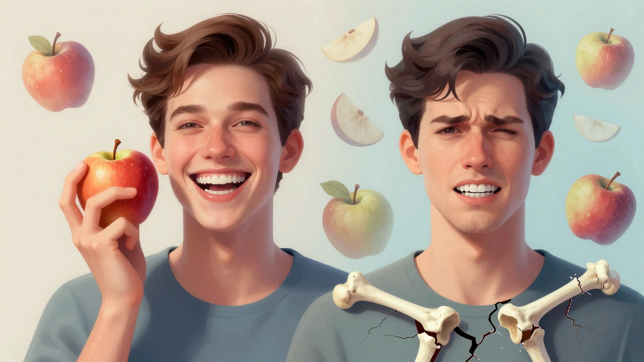 Dvě verze stejné osoby: jedna se směje s implantátem, druhá trpí s nepřiléhající protézou.