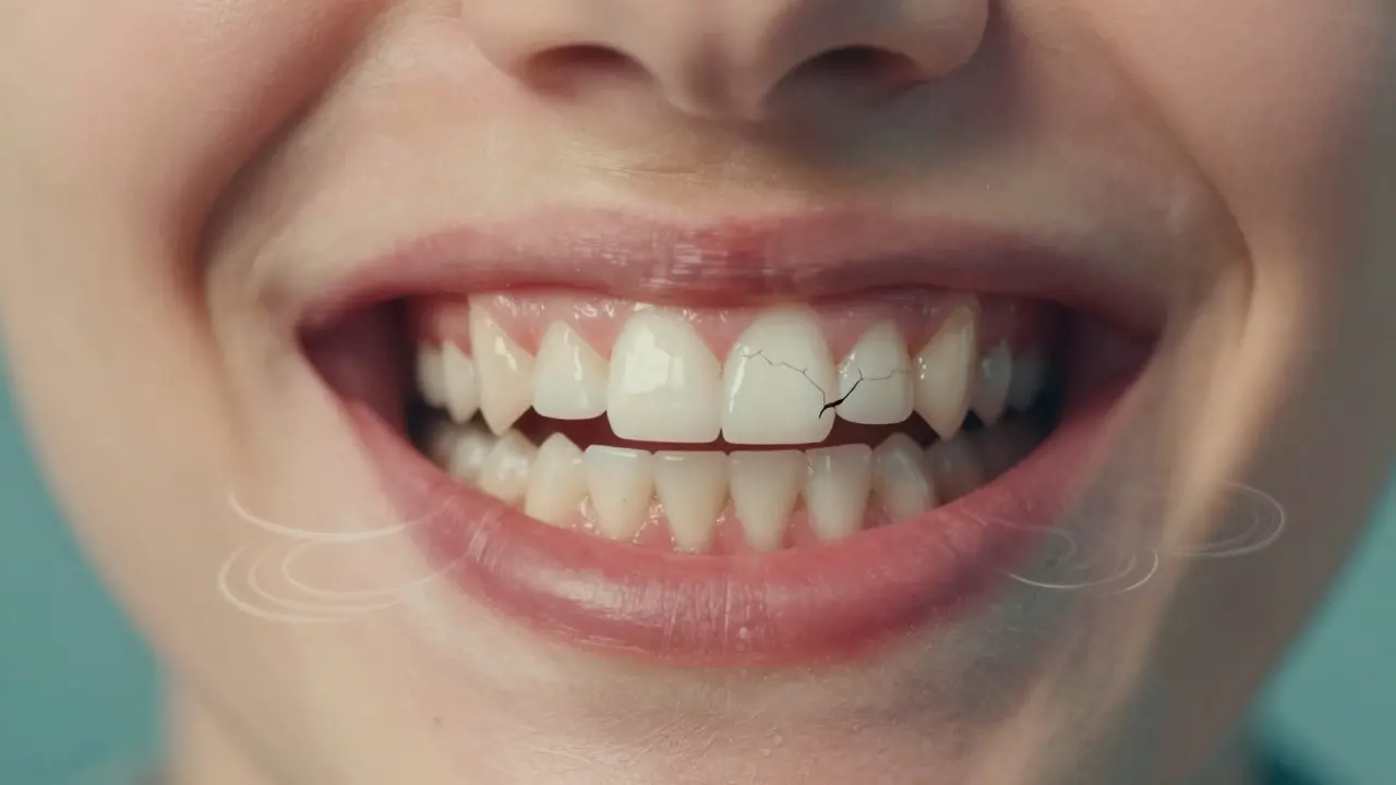 Frakturovaný úsměv s odhalenými kořeny zubů a vlnami bolesti.