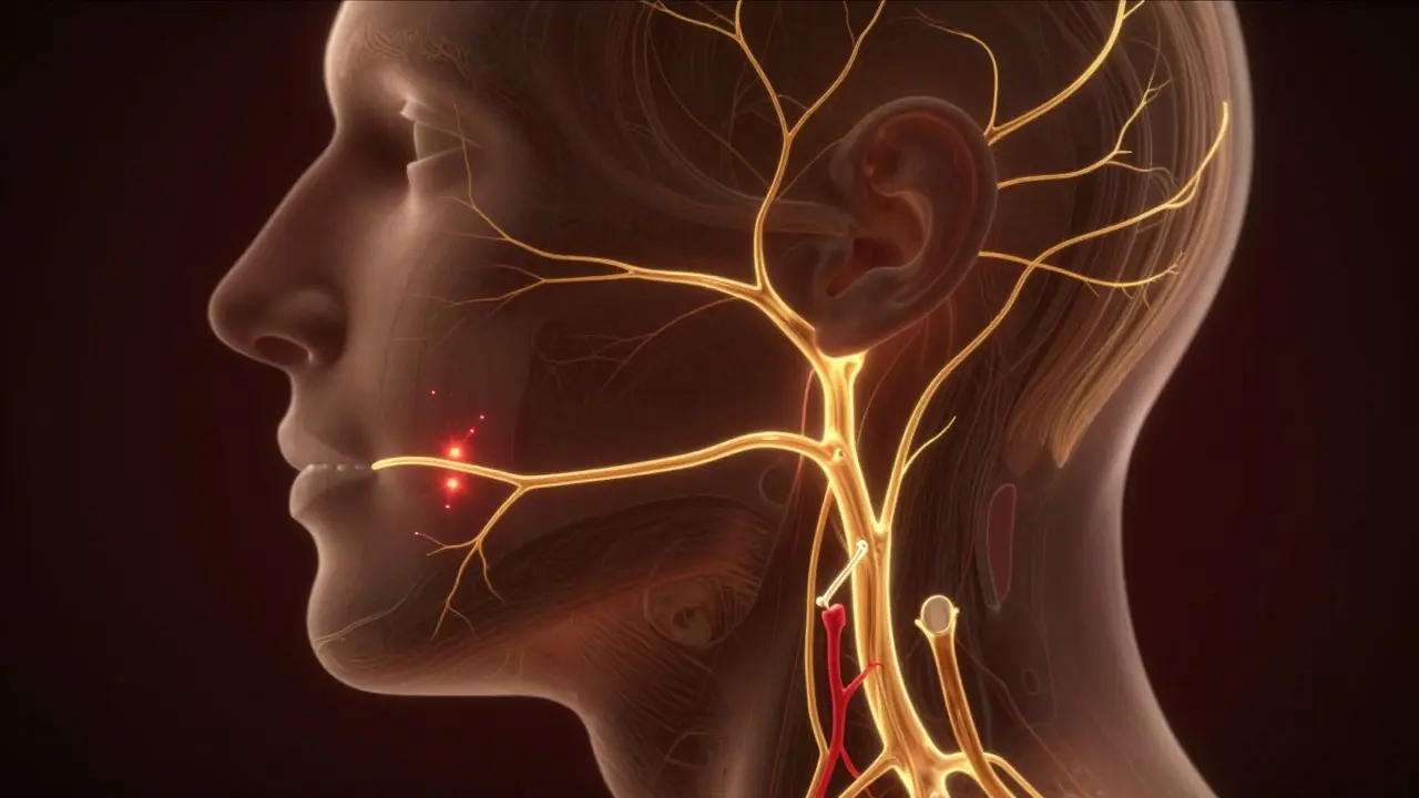 Glowing trigeminální nerv s krevní cévou, která ho stlačuje, vytvářející bolestivé signály v obličeji.