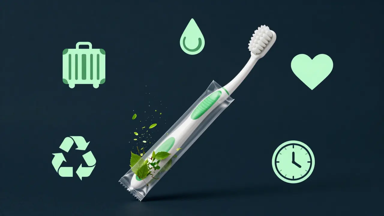 Jeden mezizubní kartáček v recyklovatelném obalu, který se mění v listy.