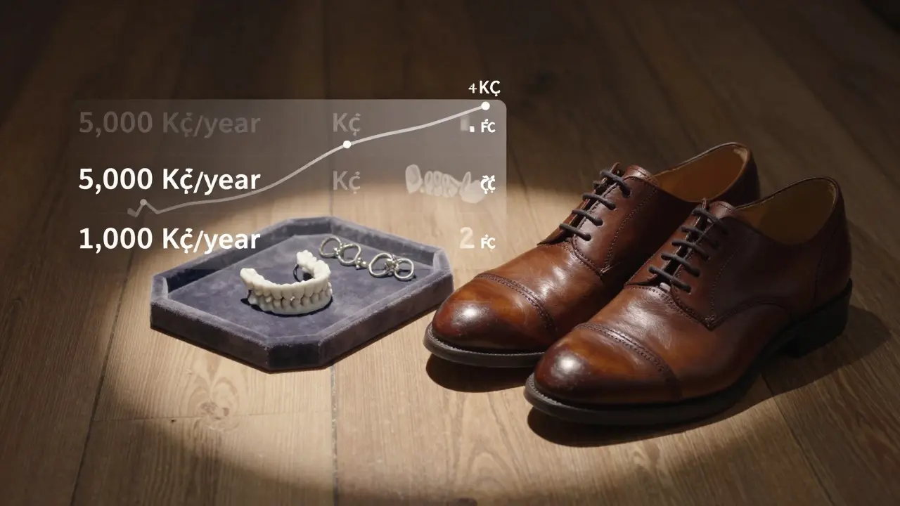 Kvalitní boty a zubní fazety vedle sebe jako metafora dlouhodobé hodnoty.