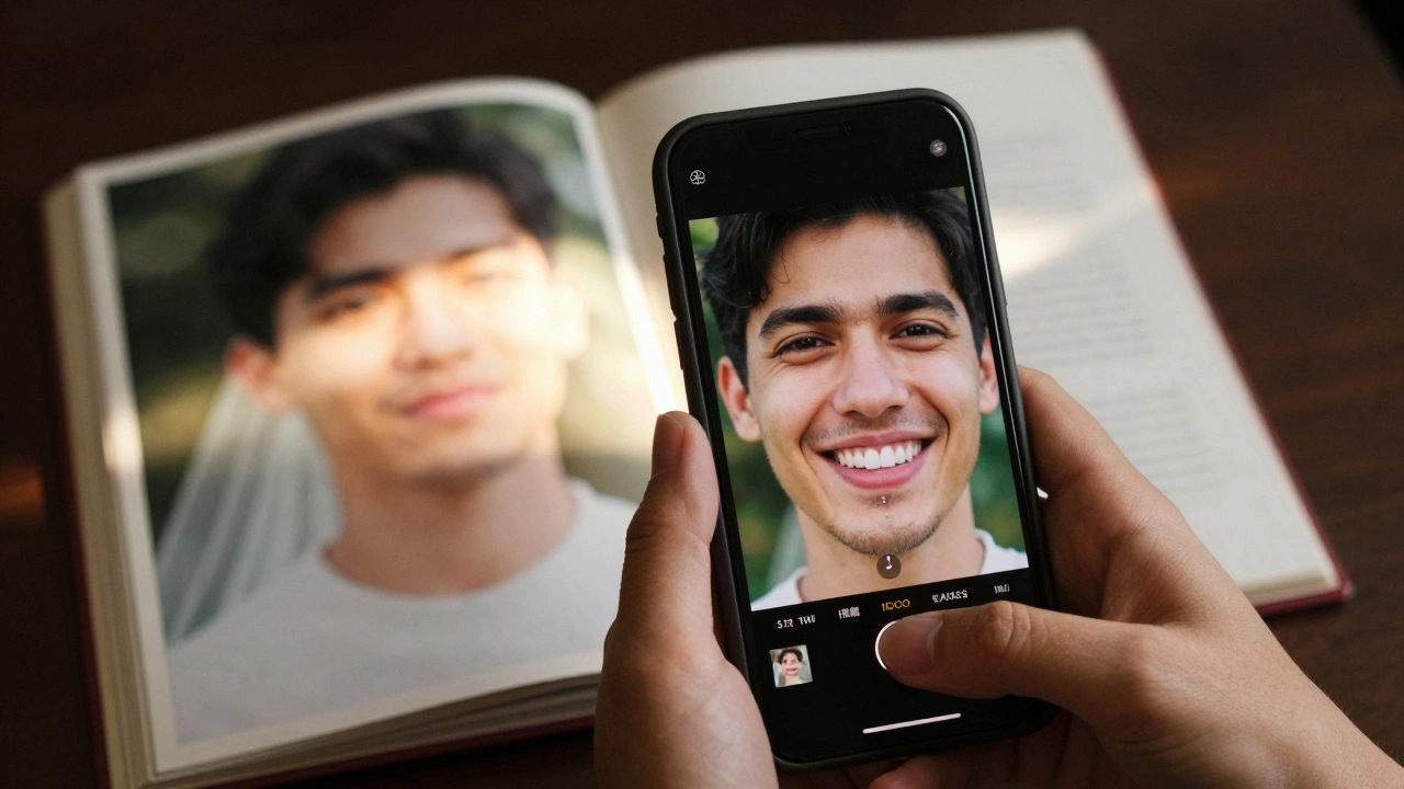 Muž si chce udělat selfie — jeho odraz na obrazovce ukazuje jasný, sebevědomý úsměv.