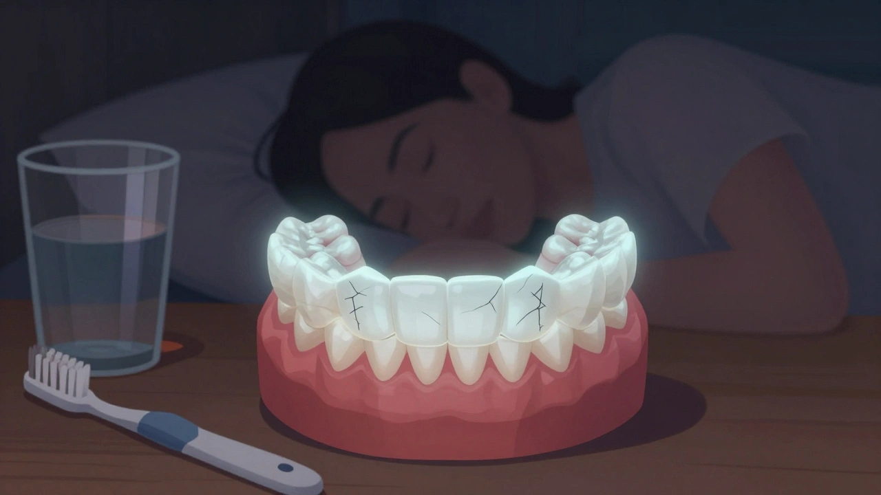 Noční štít na zubech v temné ložnici, symbolizující ochranu před skřípáním.