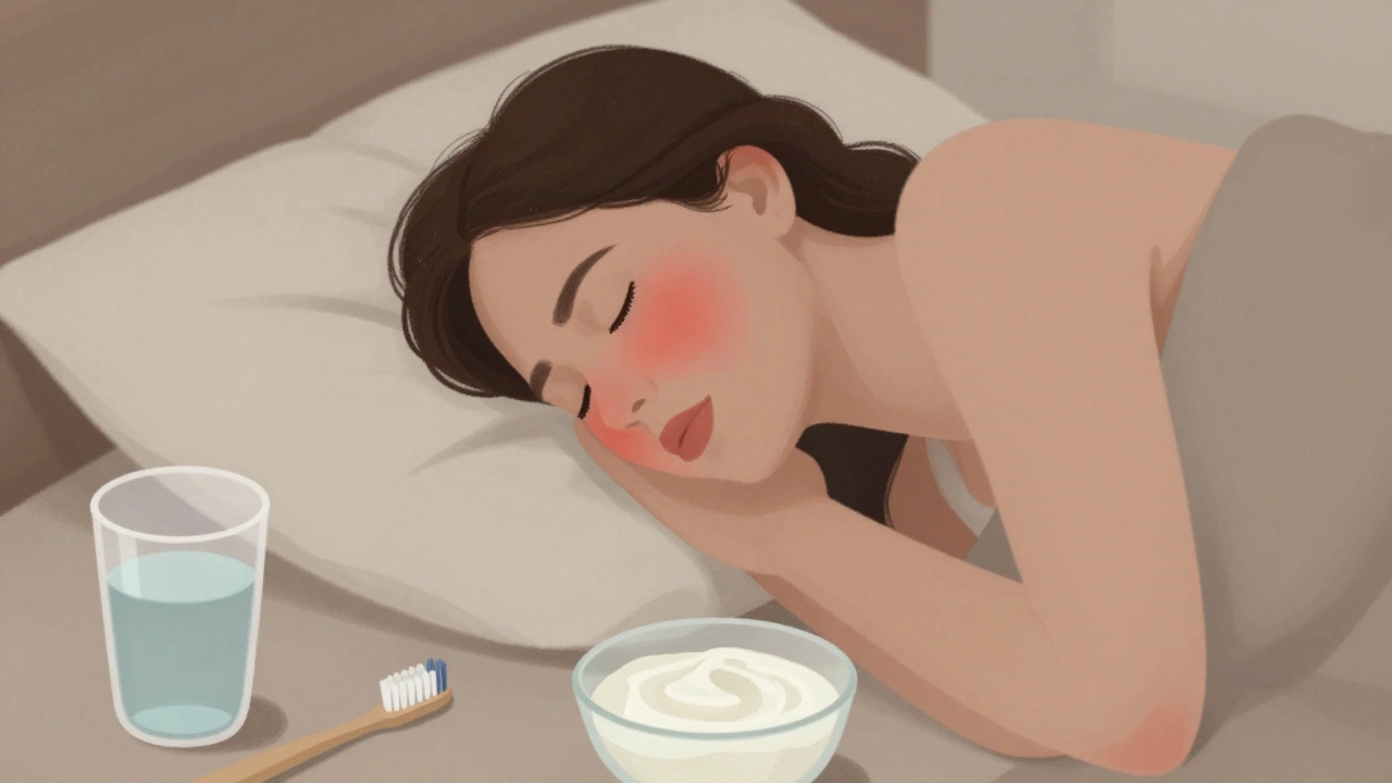 Osoba spí s vysokou hlavou, vedle ní jemné potraviny pro hojení.