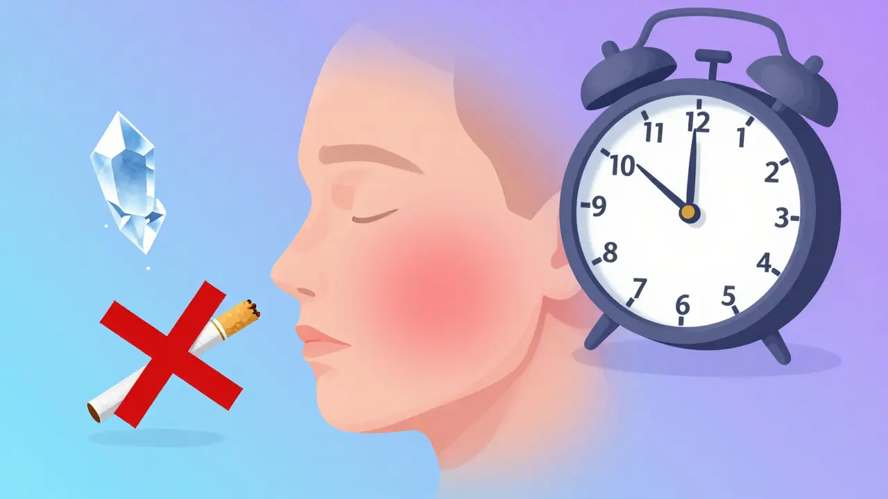 Oteklá tvář s chladným obkladem a symboly rizikových chování.