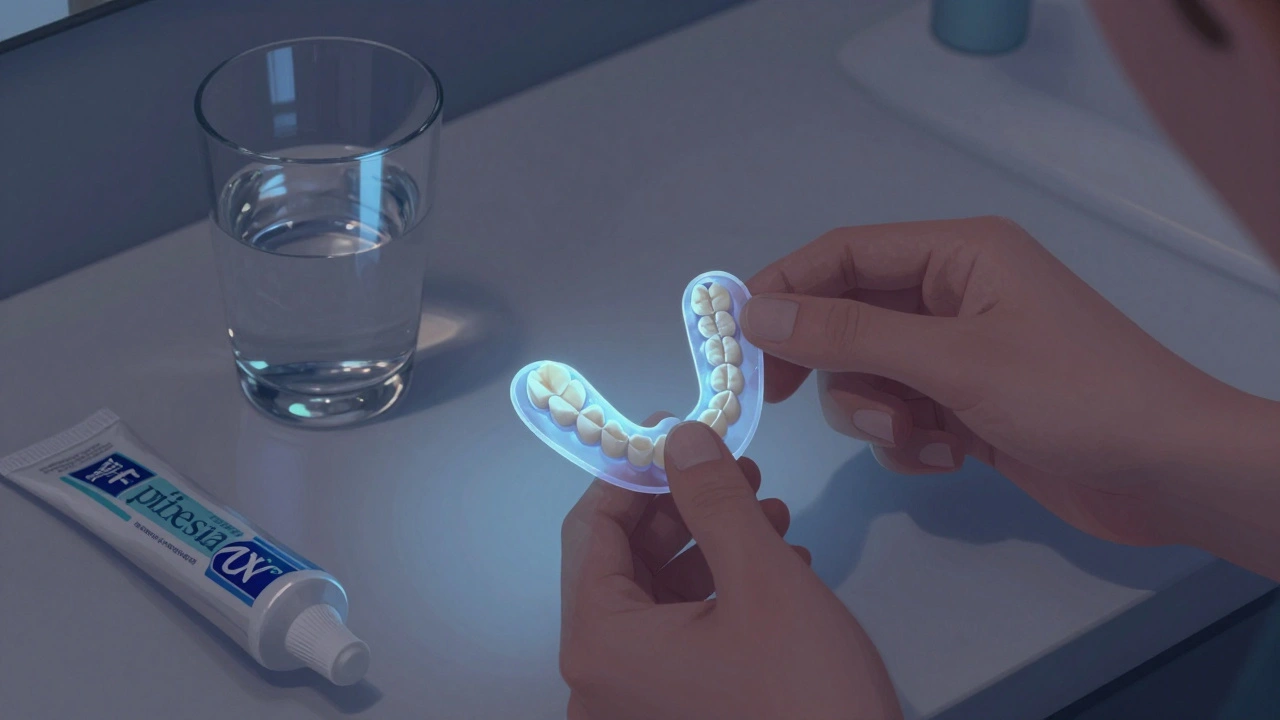 Pacient používá individuální bělicí šablony doma s vodou a pastou na stole.