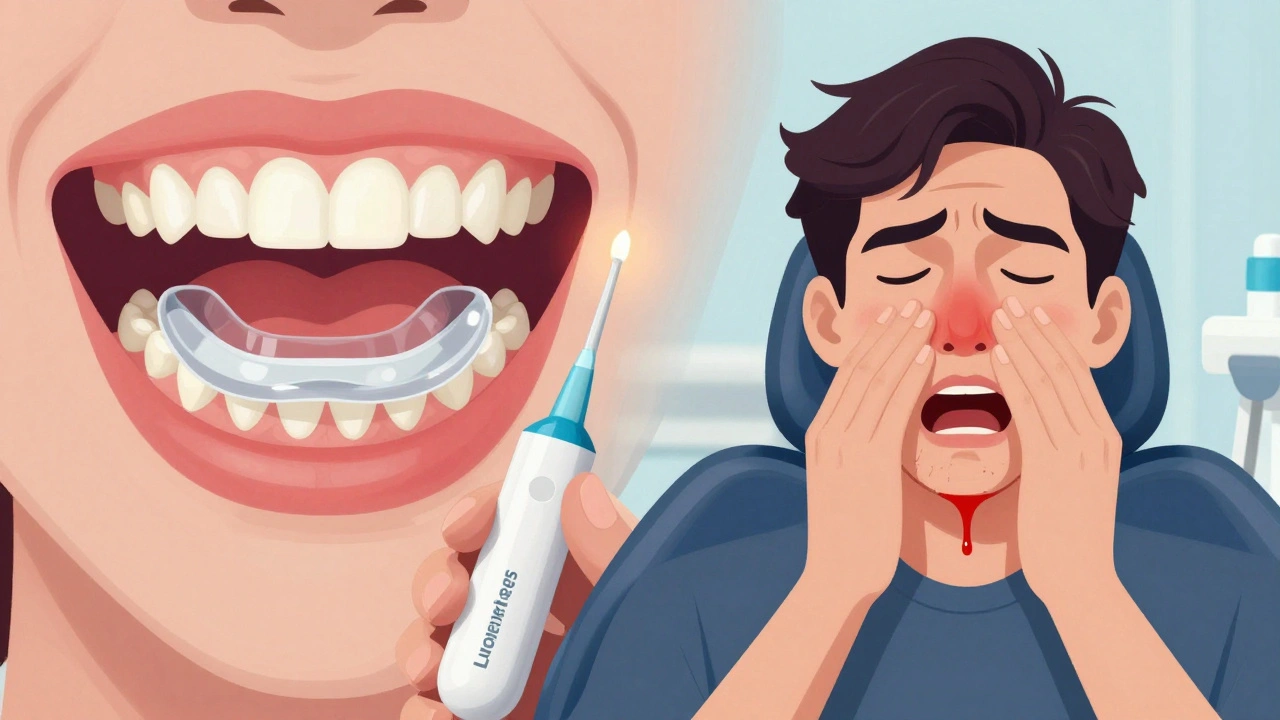 Pacient s domácí sadou na bělení a profesionální zubní křeslo s porovnáním zdravých a poškozených dásní