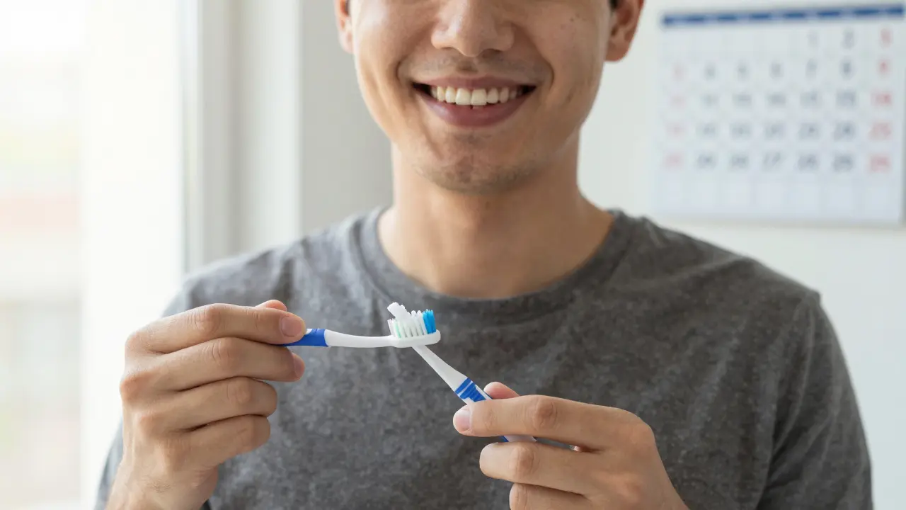 Pacient s vyléčenými dásněmi drží kartáček a mezizubní kartáček.