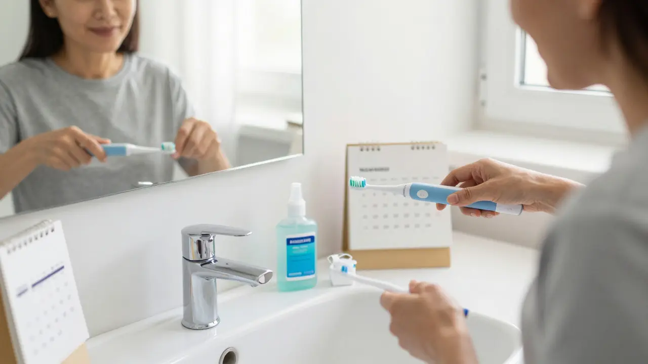 Patient brushing teeth with electric toothbrush and interdental brush at home after periodontal treatment.