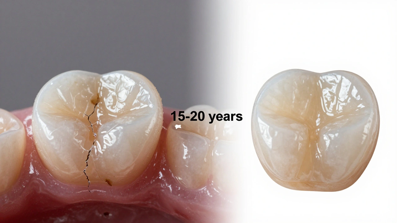 Porovnání poškozené kompozitní a nedotčené porcelánové fazety na časové ose.
