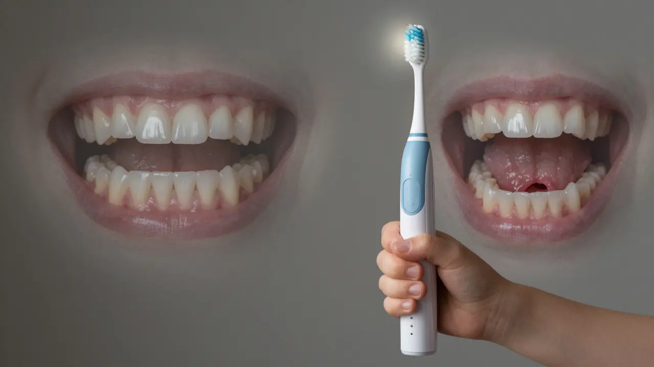 Porovnání ručního a elektrického kartáčku: zdravé zuby vs. kazy.