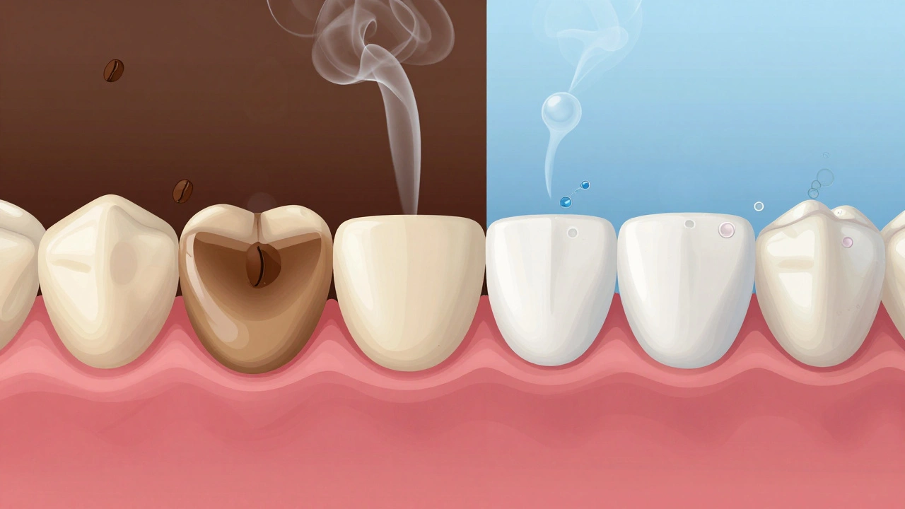 Porovnání tmavých a bělých zubů s chemickým rozkladem pigmentů ve sklovině.