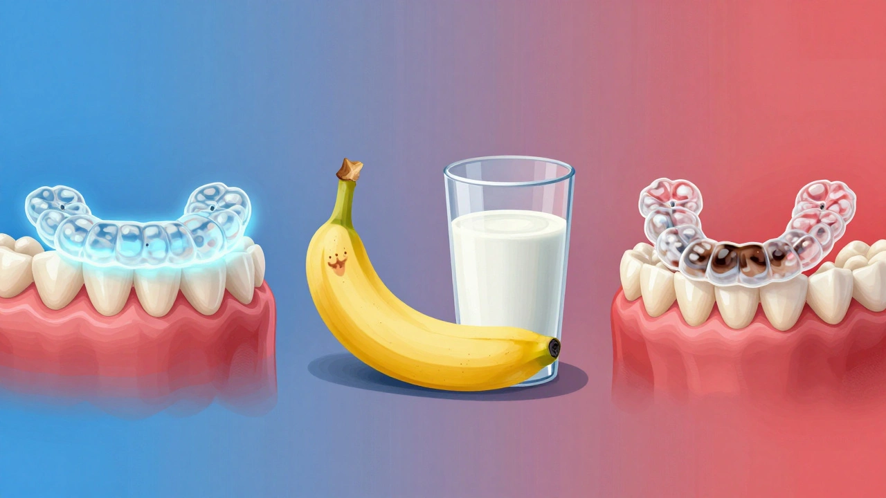 Porovnání zdravého zubu s fluoridem a poškozeného zubu po jídle, s rovnátkem poškozeným teplem.