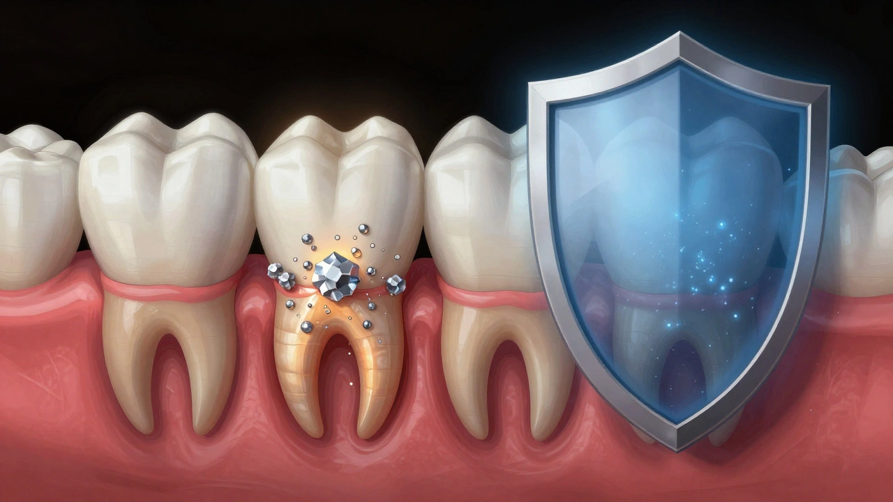 Příčný řez zubem ukazující obnovu skloviny pomocí hydroxyapatitu a fluoridu.