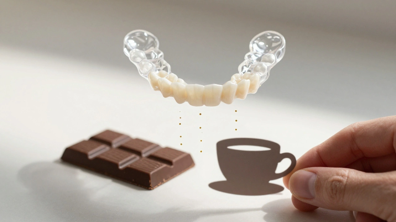 Průhledné rovnátko nad zuby s fluoridovými částicemi, zatímco čokoláda a káva jsou odstraněny.