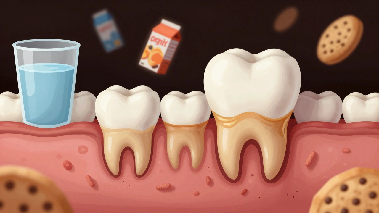 Průřez dětského zubu ukazující přeměnu plaku na zubní kámen.