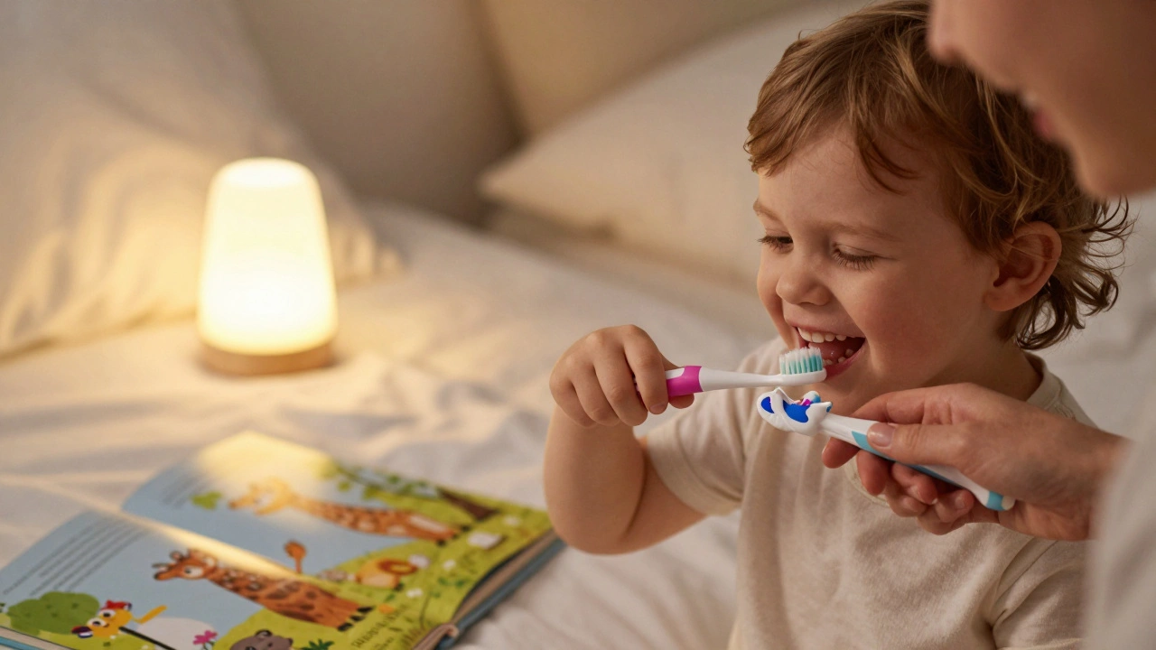 Rodič čistí zuby malému dítěti večer v posteli s hračkovým kartáčkem.