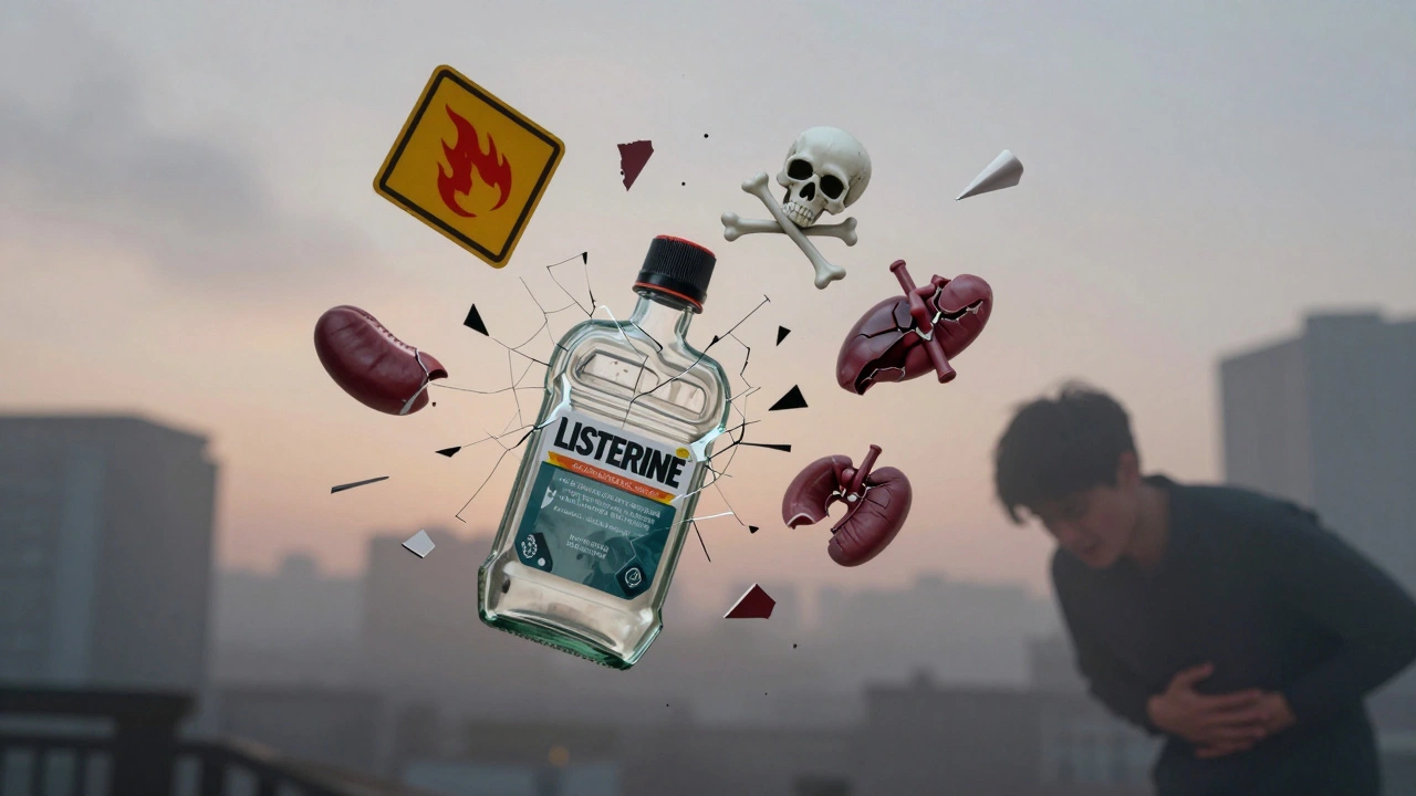 Rozbitá láhev Listerine se mění v varovné symboly a poškozené orgány.