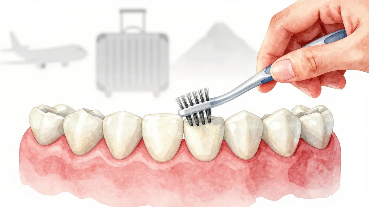 Ruka vkládá tenký mezizubní kartáček mezi zuby s jemným zvýrazněním čištění.