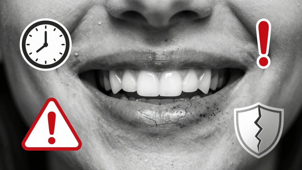 Smích s jednou stranou zdravě zbělených zubů a druhou se šedými skvrnami a odhalenými kořeny