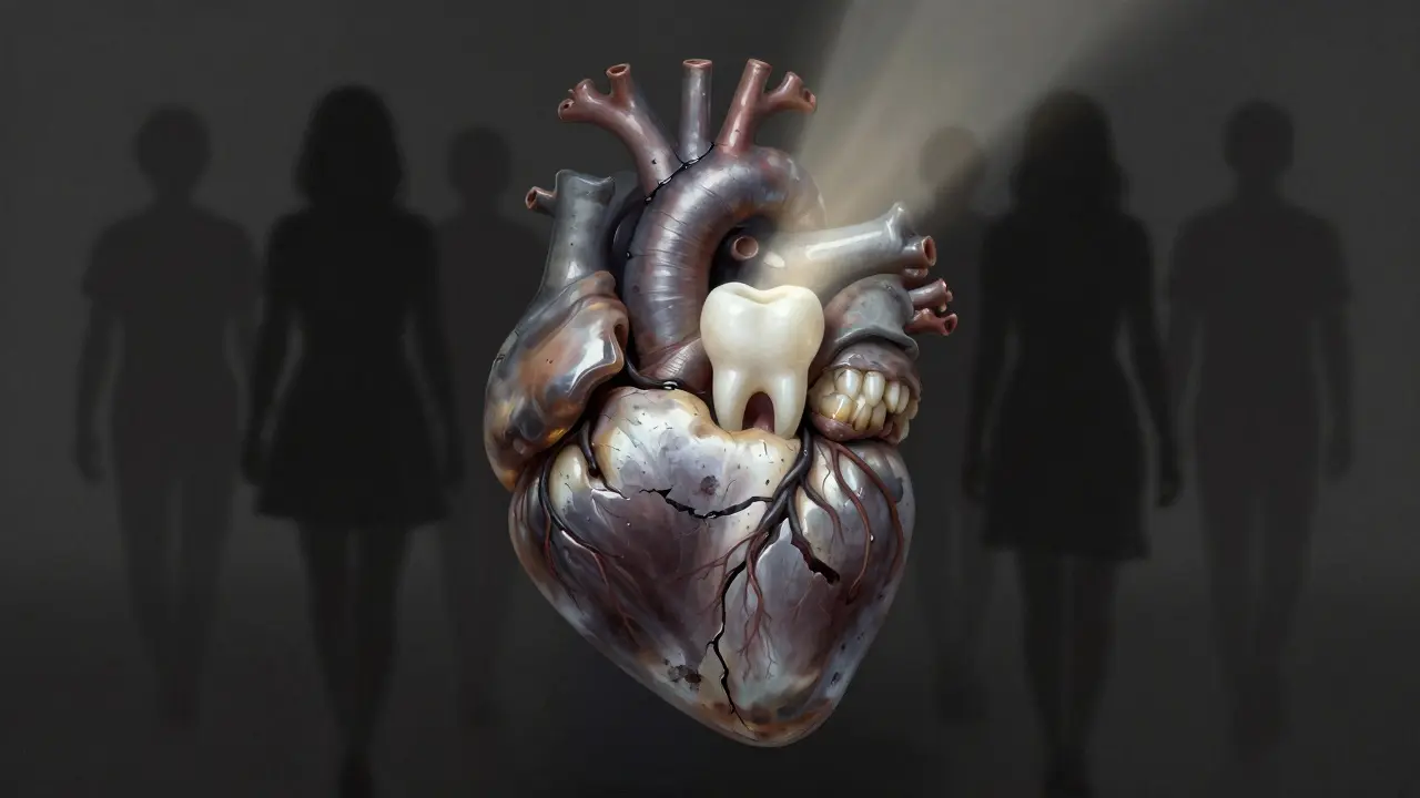 Srdce složené ze zubů s černým kamenem, osvětlené jedním bílým zubem.