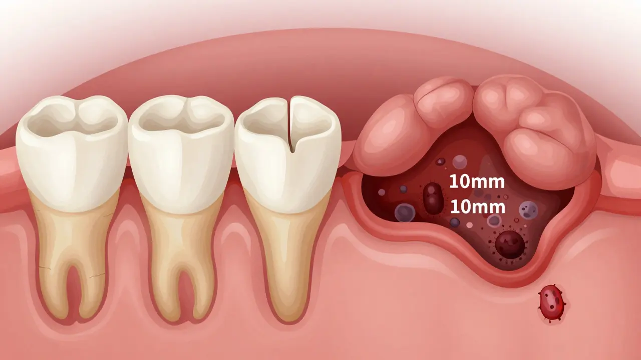 Srovnání zdravé a nemocné dásně s ztrátou kosti kolem zubu.
