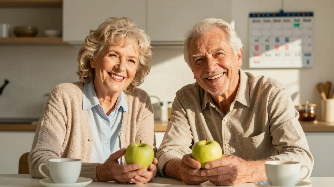 Starší pár se usmívá, když společně jedí jablko, znak dlouhodobé zubní péče.