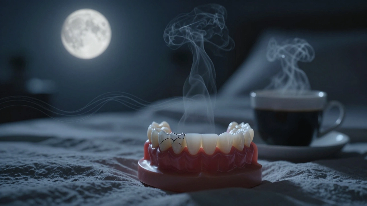 Teeth with a cracked veneer and a night guard under moonlight, symbolizing bruxism risks.