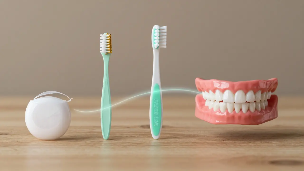 Tři alternativní nástroje pro čištění mezizubních prostorů na stole.