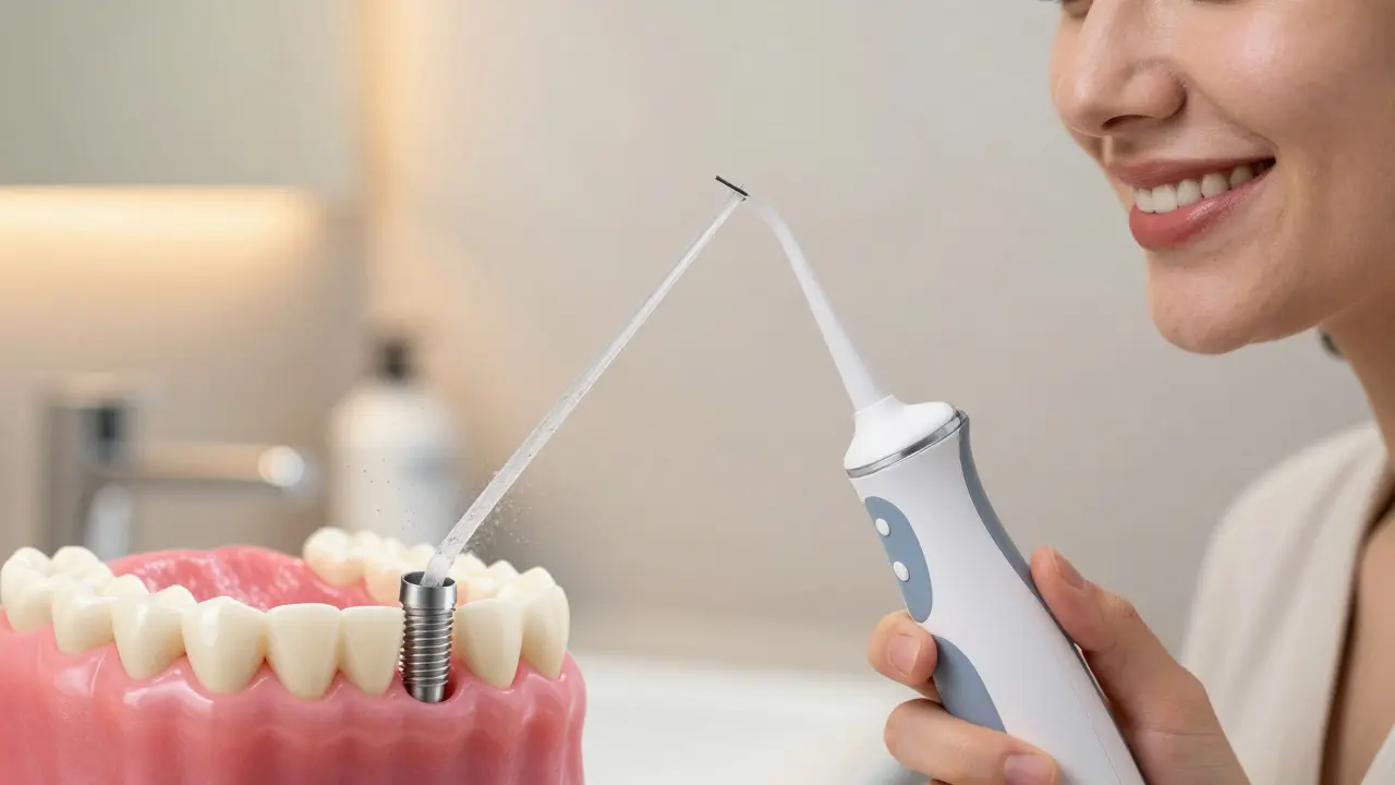 Vodní čistička odstraňuje plak kolem zubních implantátů.