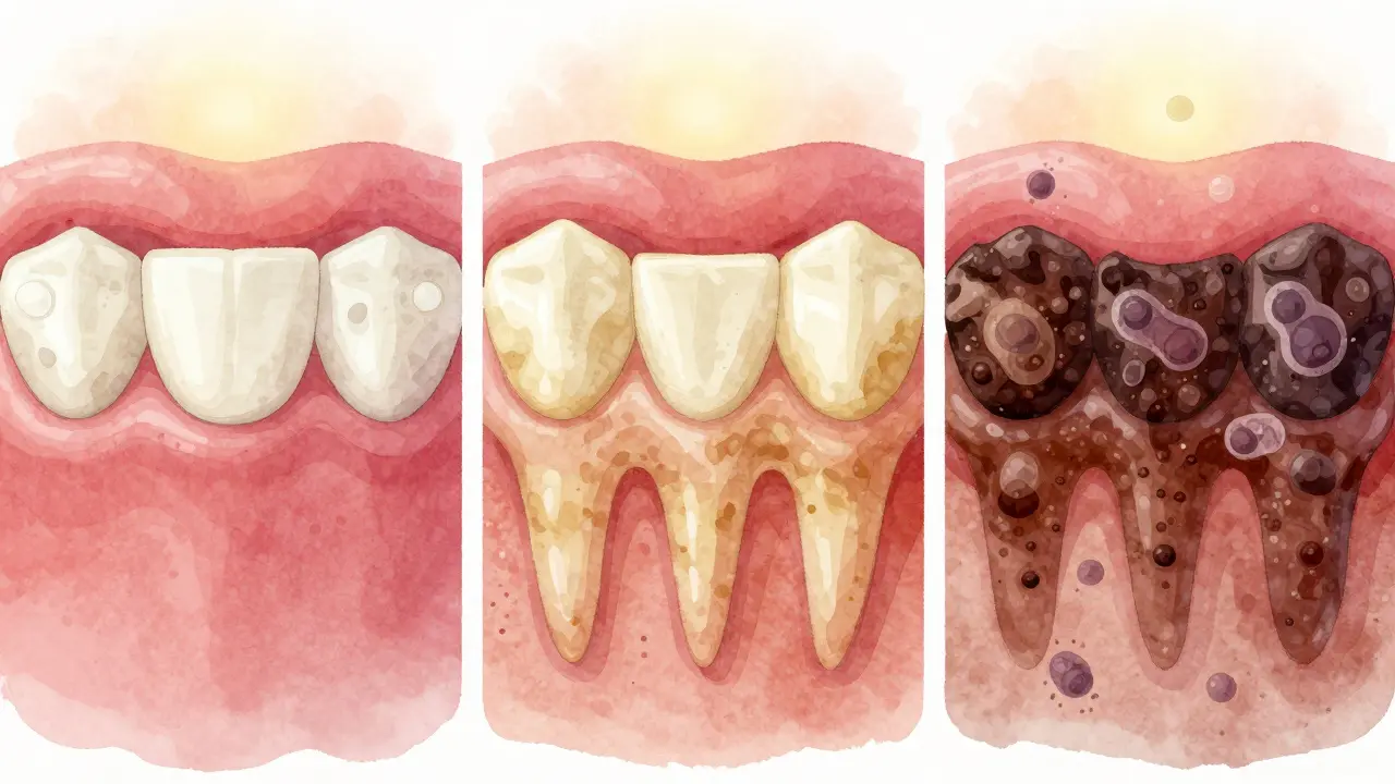 Vývoj zubního plaku v zubním kamenu: od měkké vrstvy po tvrdý nános pod dásní.